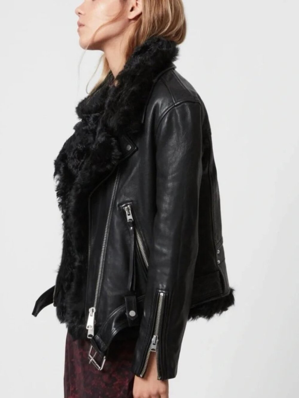 ALL SAINTS LUNA 4 in 1 Shearling and Black Leather Biker Jacket Size 2 NWOT
